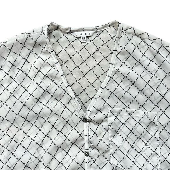 CAbi Sheer White & Black Diamond Criss Cross Pattern Button Down Shirt Blouse XS - Picture 6 of 13